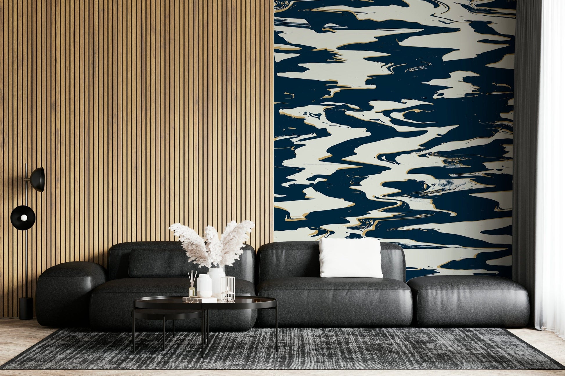 A calming modern abstract wallpaper mural that defines a space.

