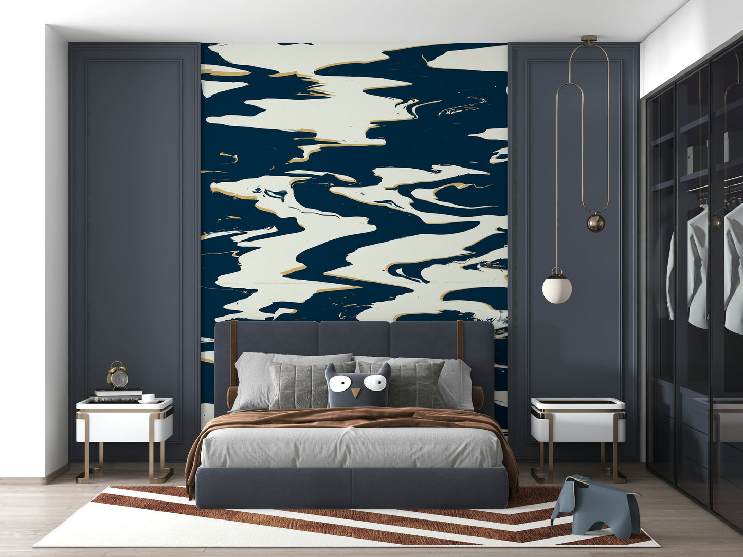 A peaceful fluid design mural on decorative wallpaper.

