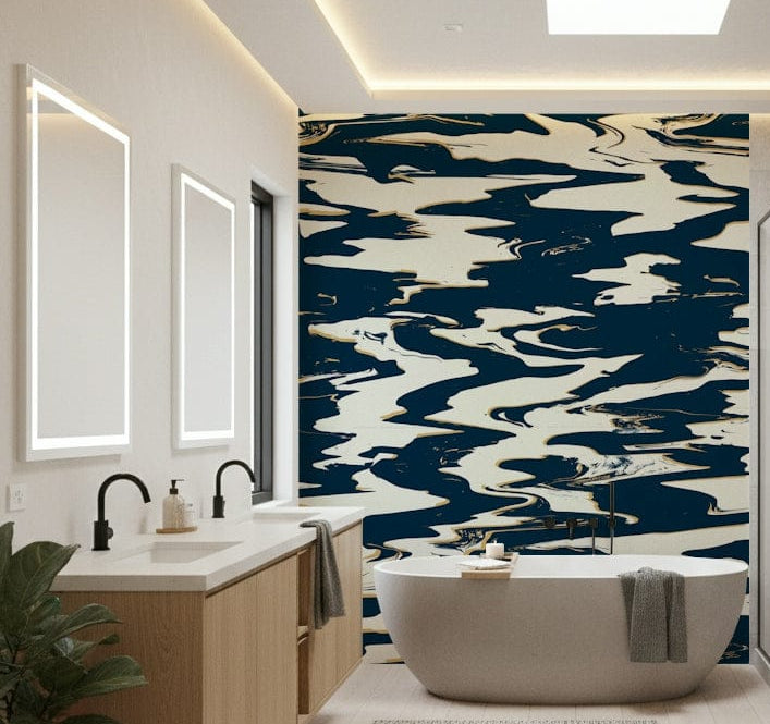 A beautiful fluid abstract wallpaper mural in blue and white tones.

