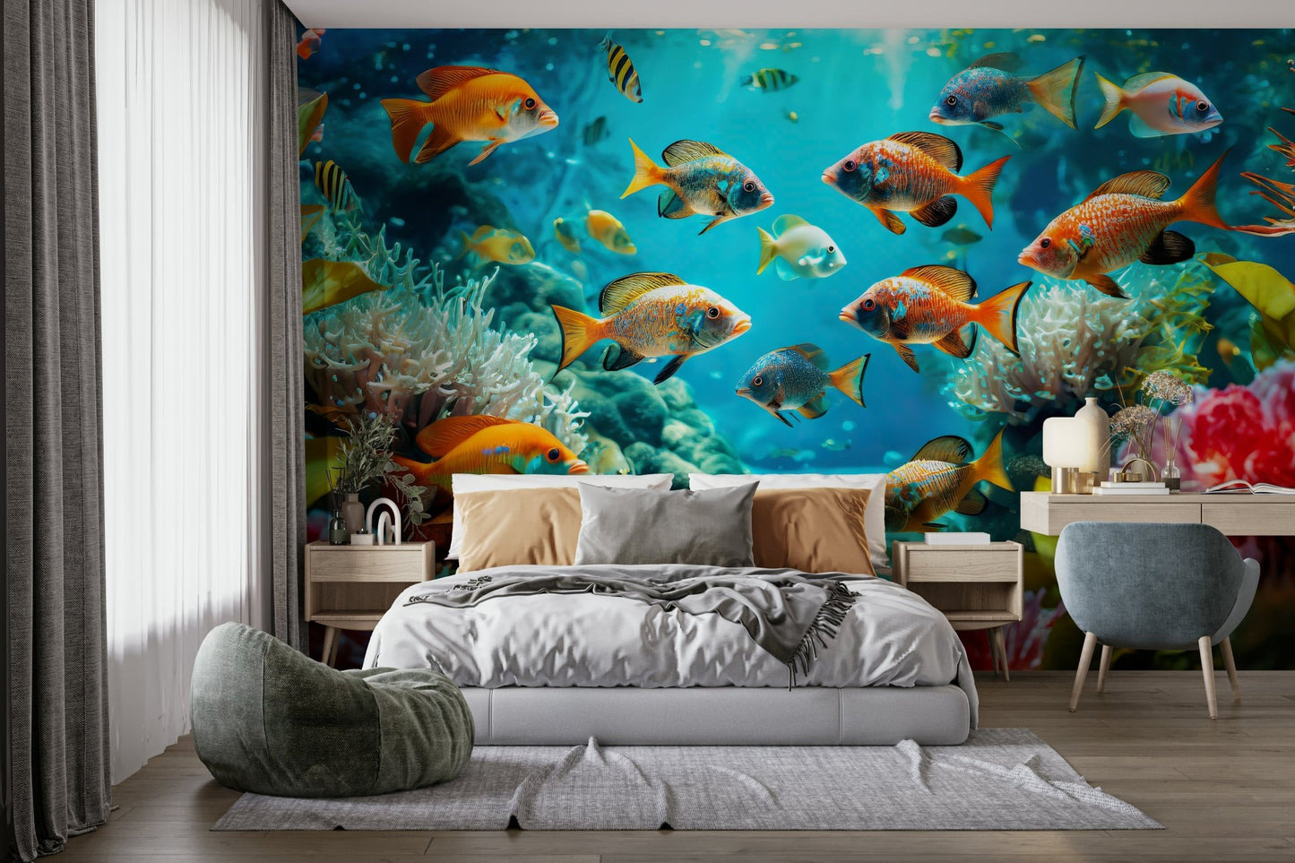 Bright, deep-sea wallpaper mural with whales and octopus

