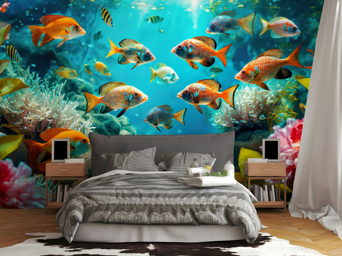 Children’s room wall mural with underwater fish design

