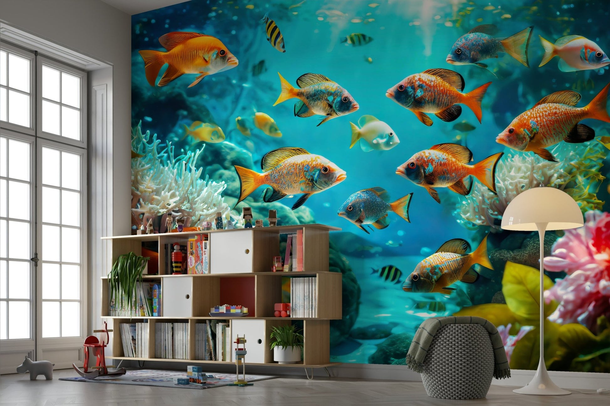 Seahorses and coral details in aquatic mural wallpaper

