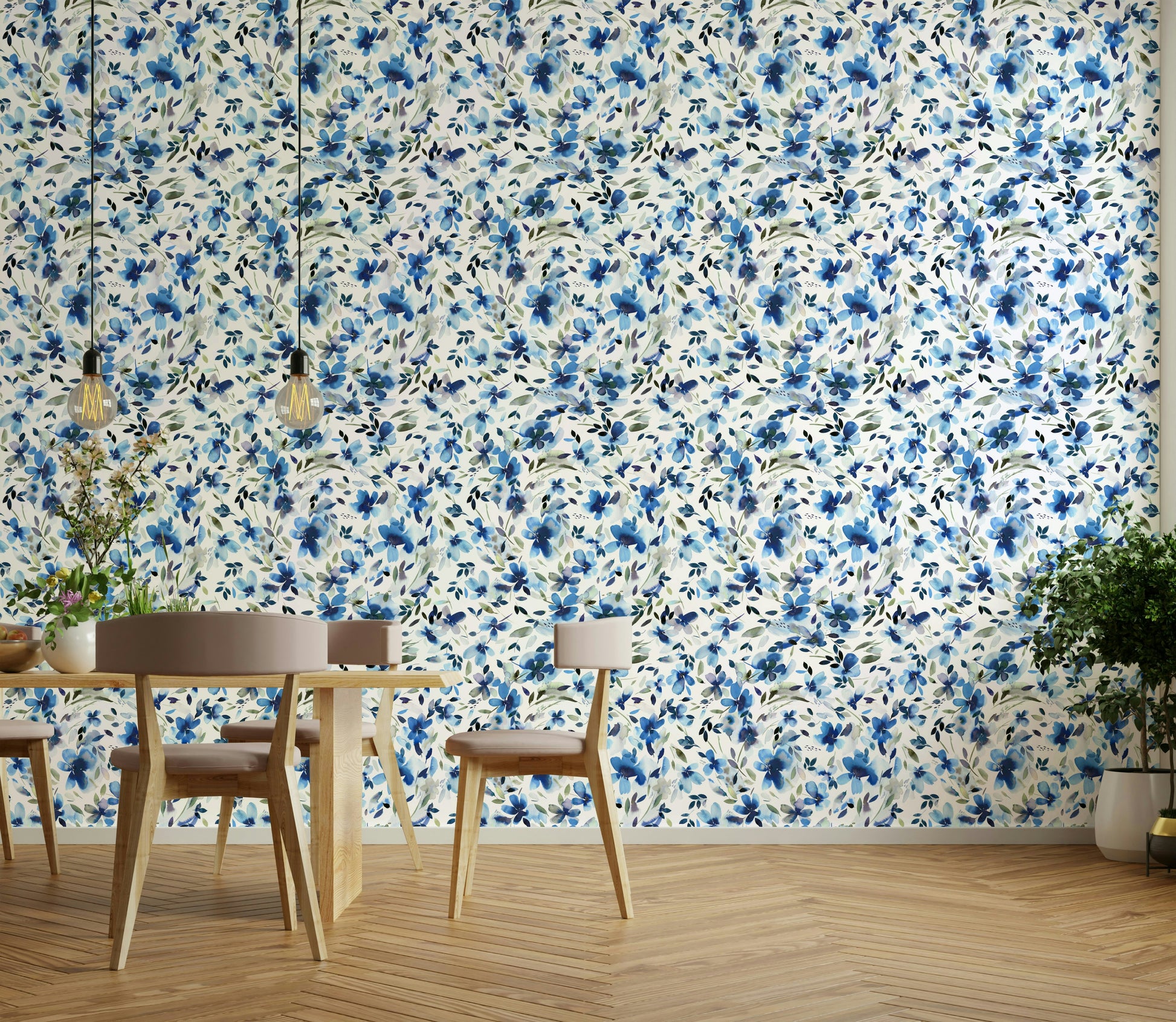 Blue and coral summer flowers on decorative wallpaper

