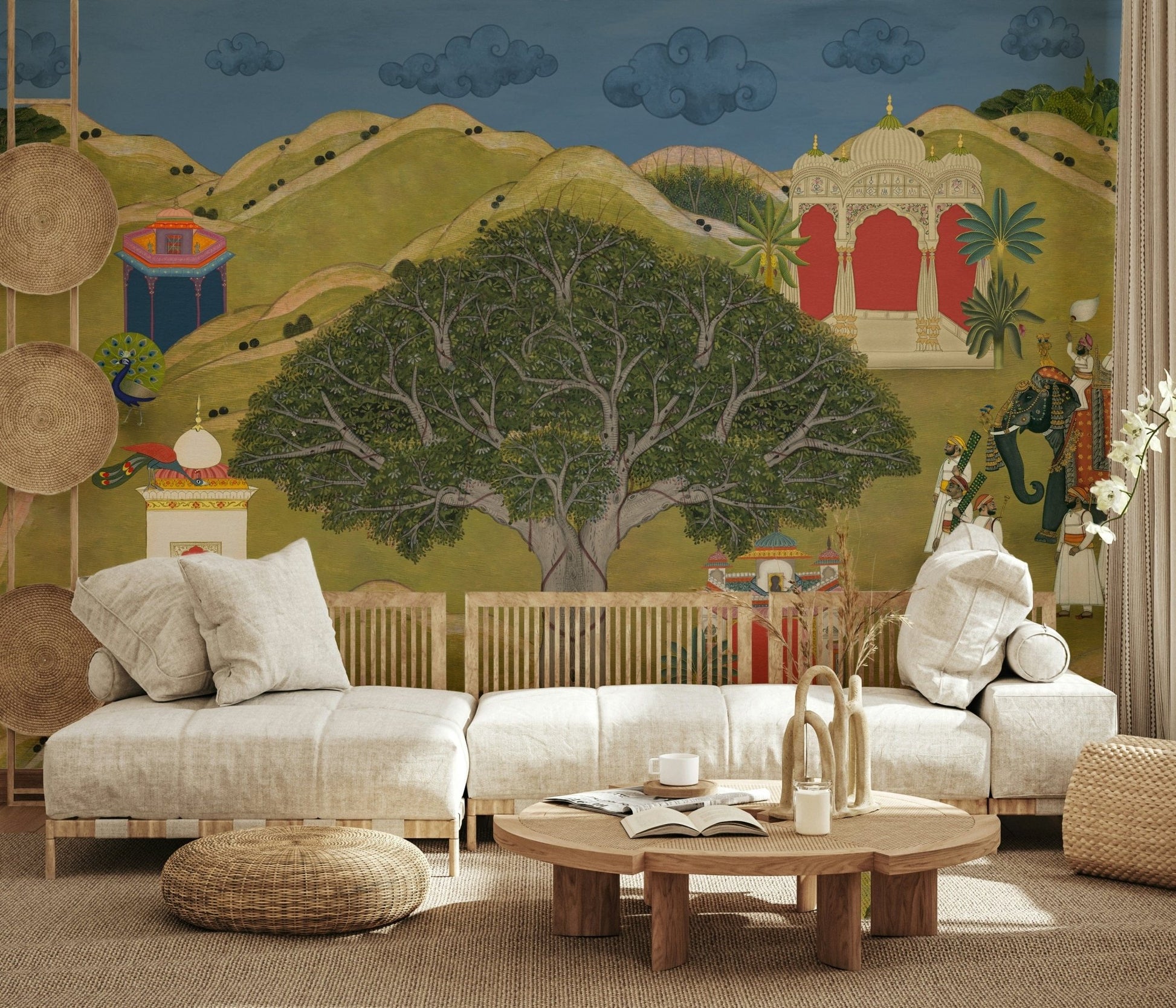 Heritage-style mural featuring royal procession and natural scenery