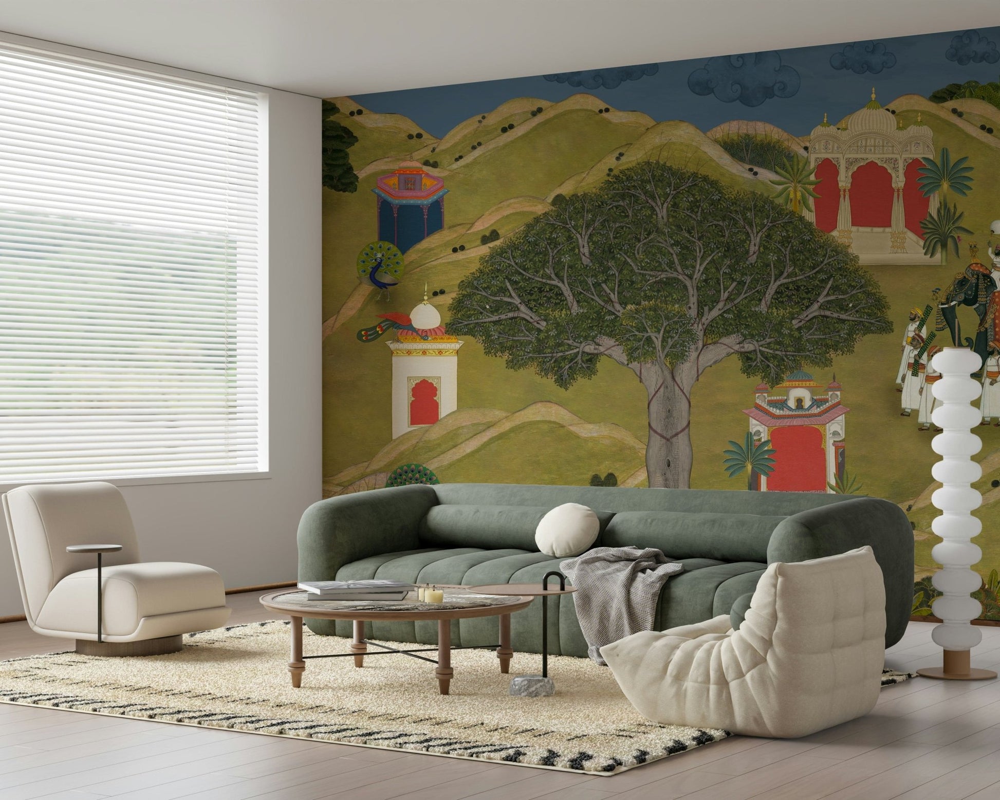 Cultural wall mural showing elephants, temples, and hill landscape