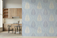 Pale blue ogee framed wallpaper for calming nursery style, Arbor Branch Harmony.