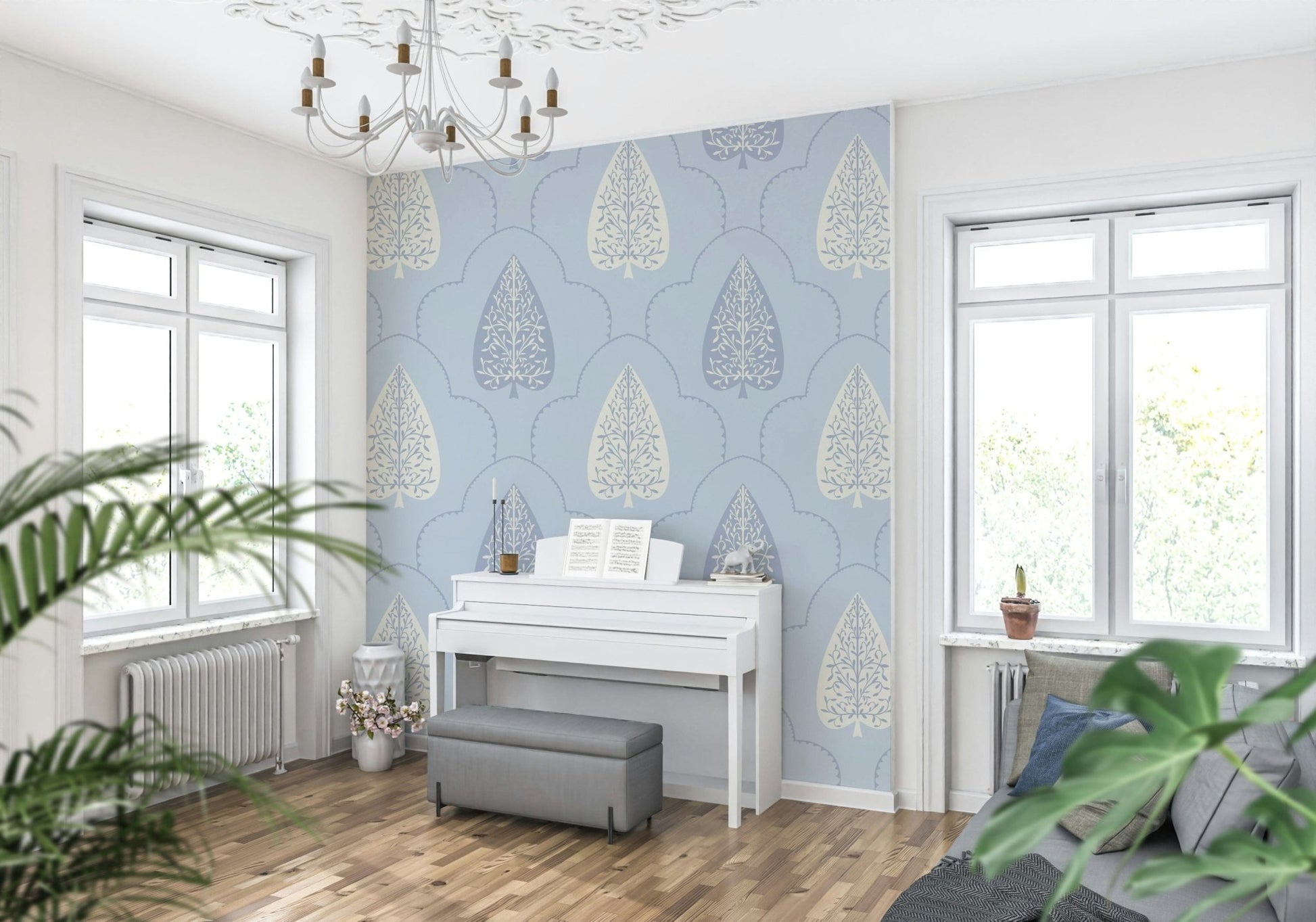 Formal light blue design wallpaper, peaceful artistic backdrop, Arbor Branch Harmony.