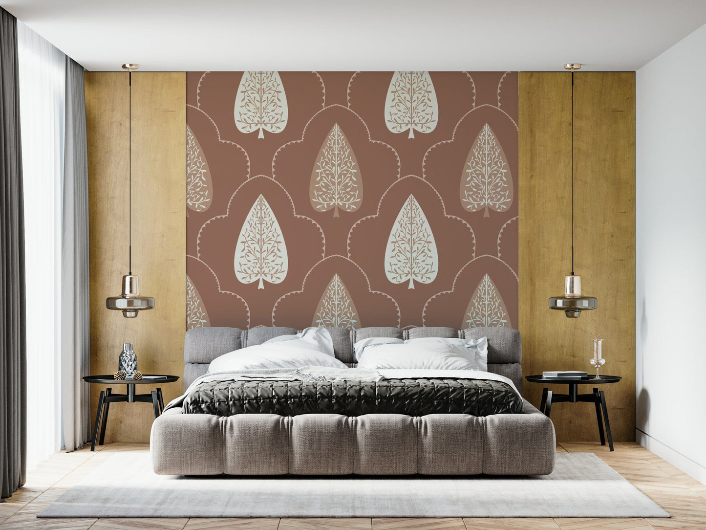 Forest Accent wall mural, intricate leaf work, serene home backdrop.