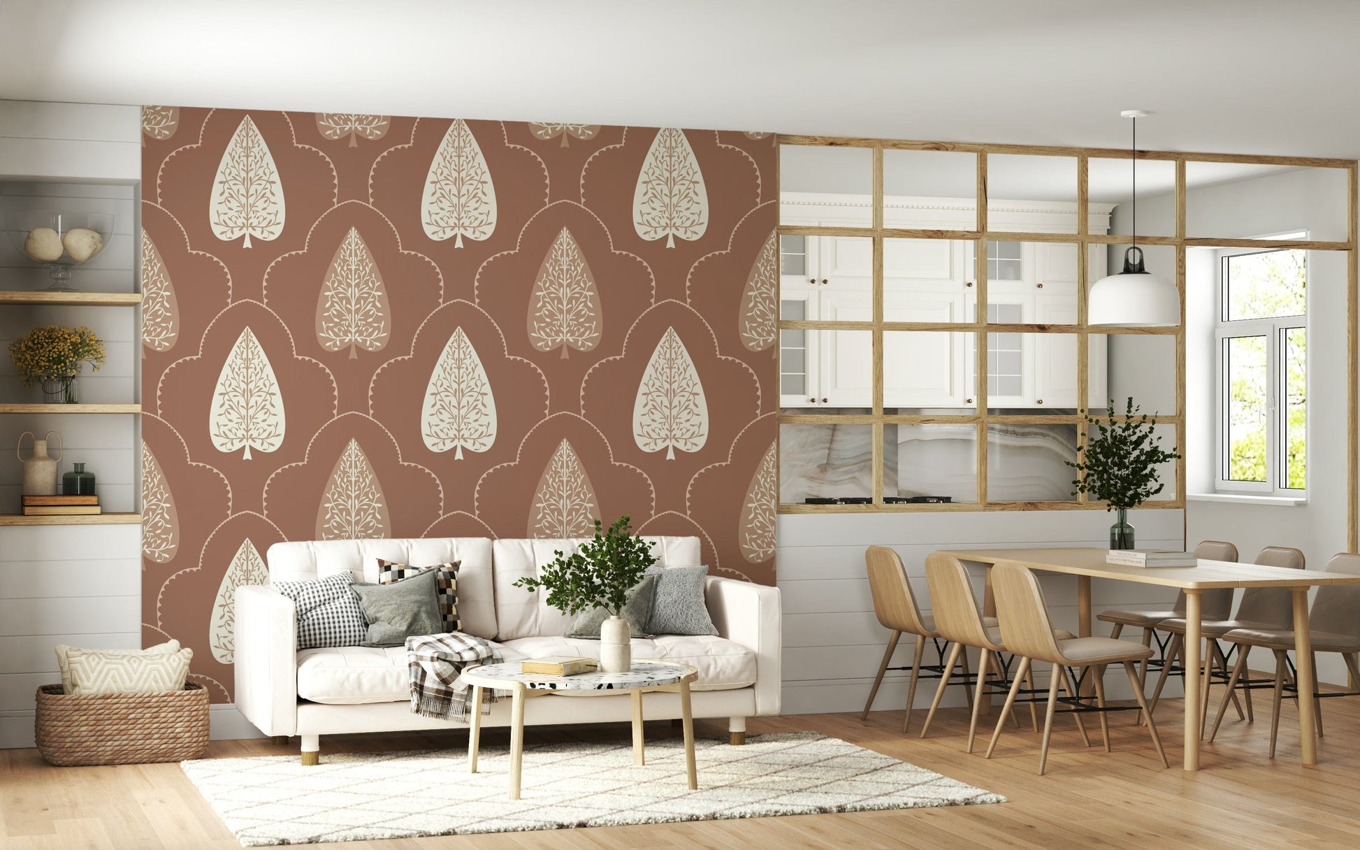Botanical Accent wall mural, sophisticated tree design, warm brown shade.