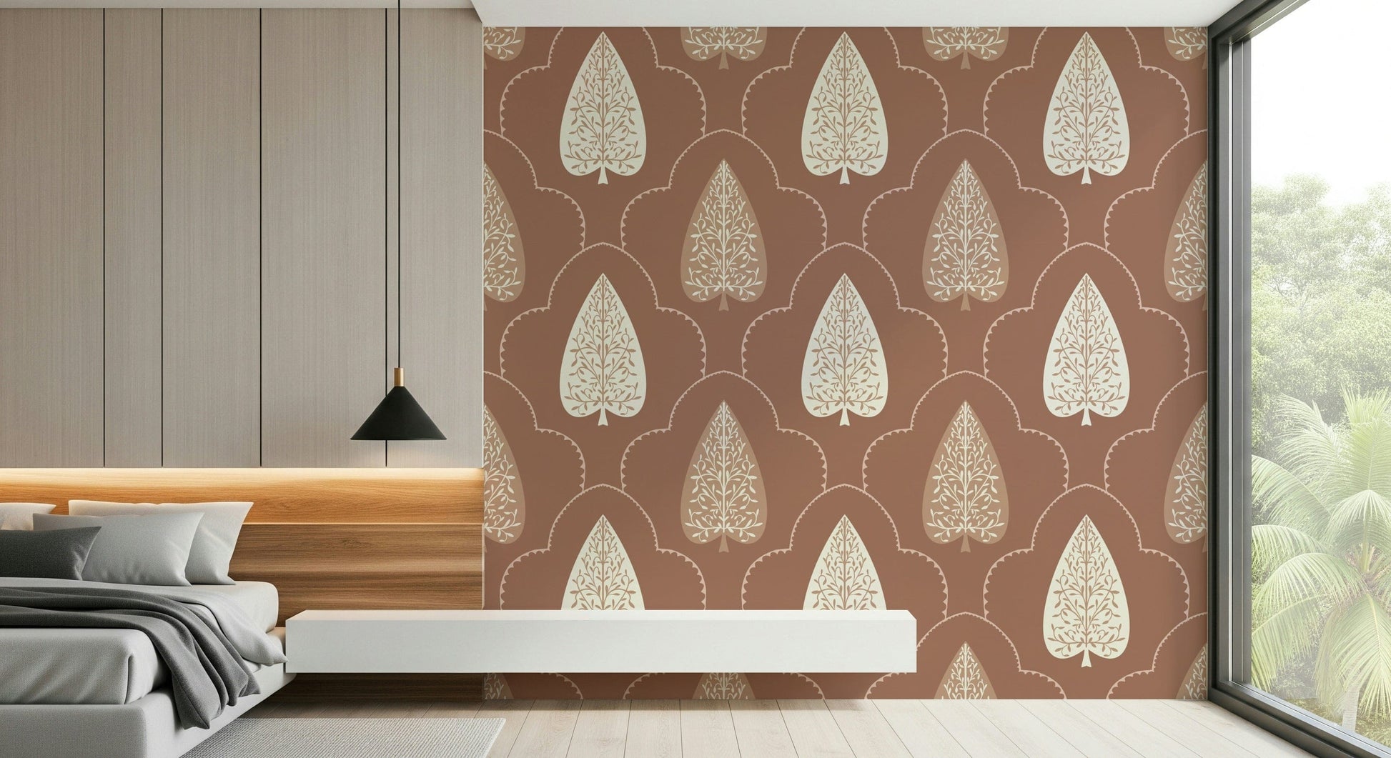 Arboreal Accent wallpaper, organic leaf pattern, rust brown tones.