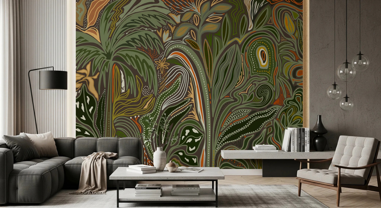 Arboreal Reverie jungle palm grove living room wall mural in earthy green and olive tones.