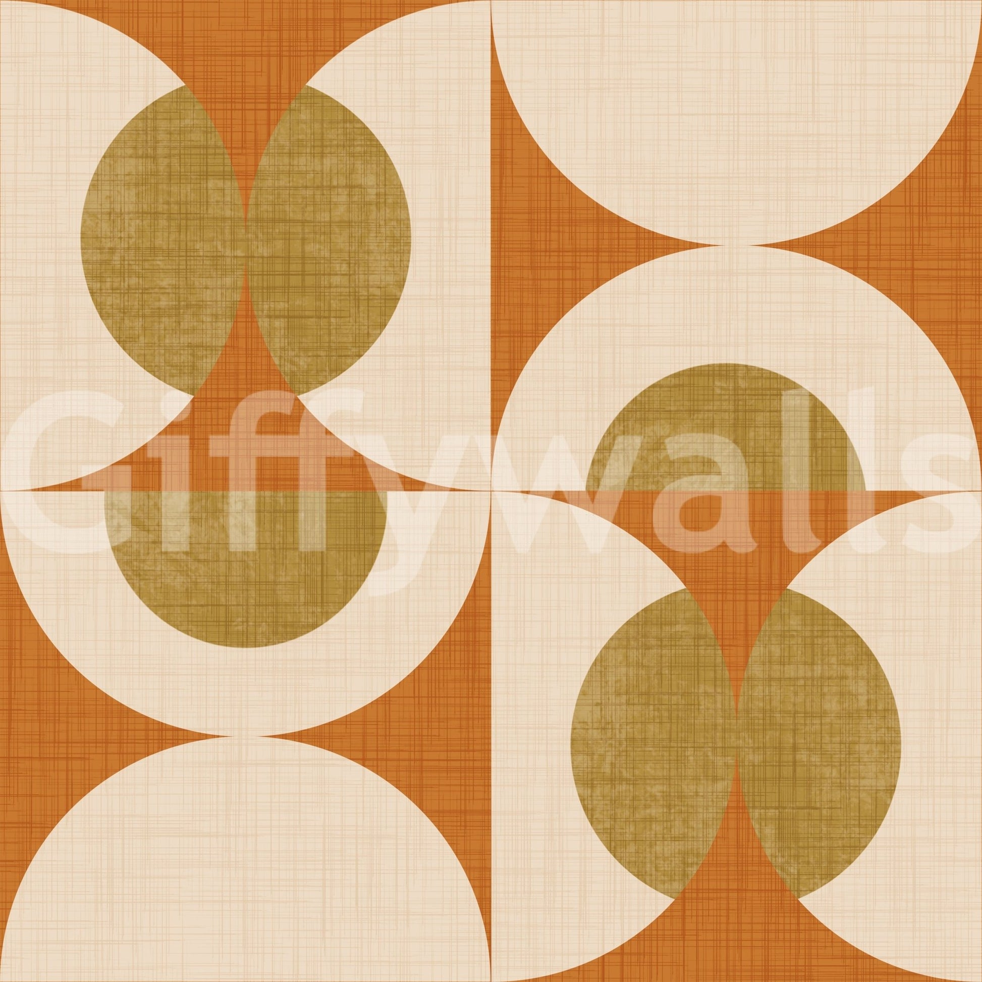 Modern vintage wallpaper featuring curved motifs in a structured repeating pattern.