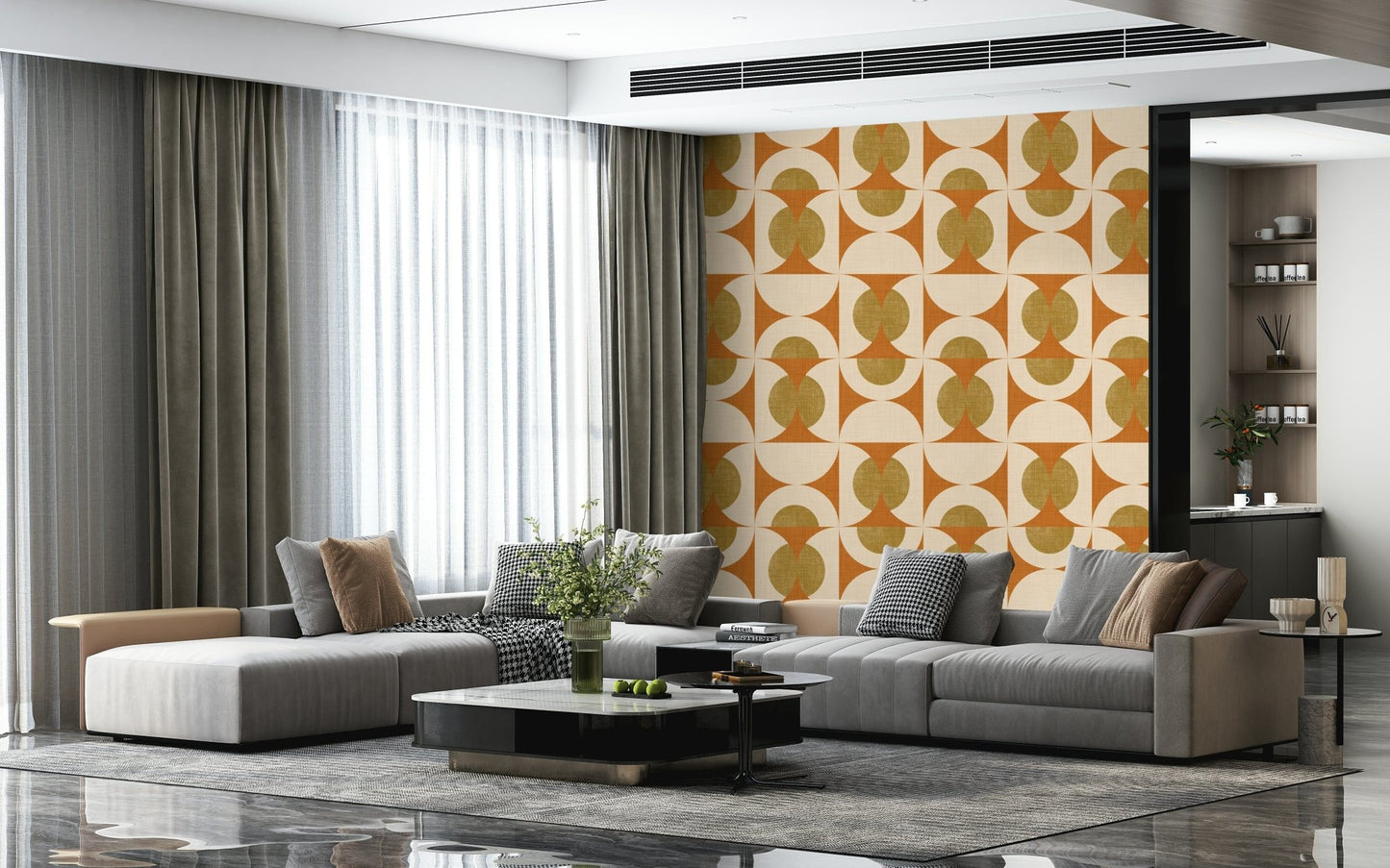 Abstract geometric wallpaper with terracotta arcs and olive oval motifs.