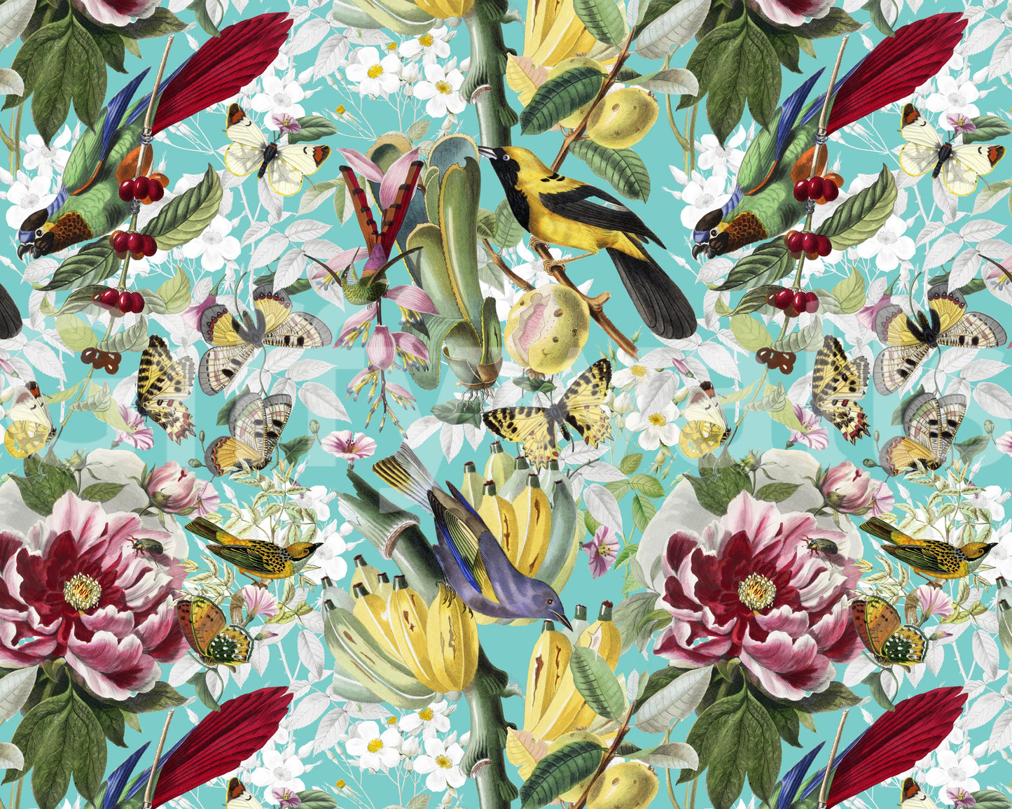 Rich floral jungle wall pattern with birds

