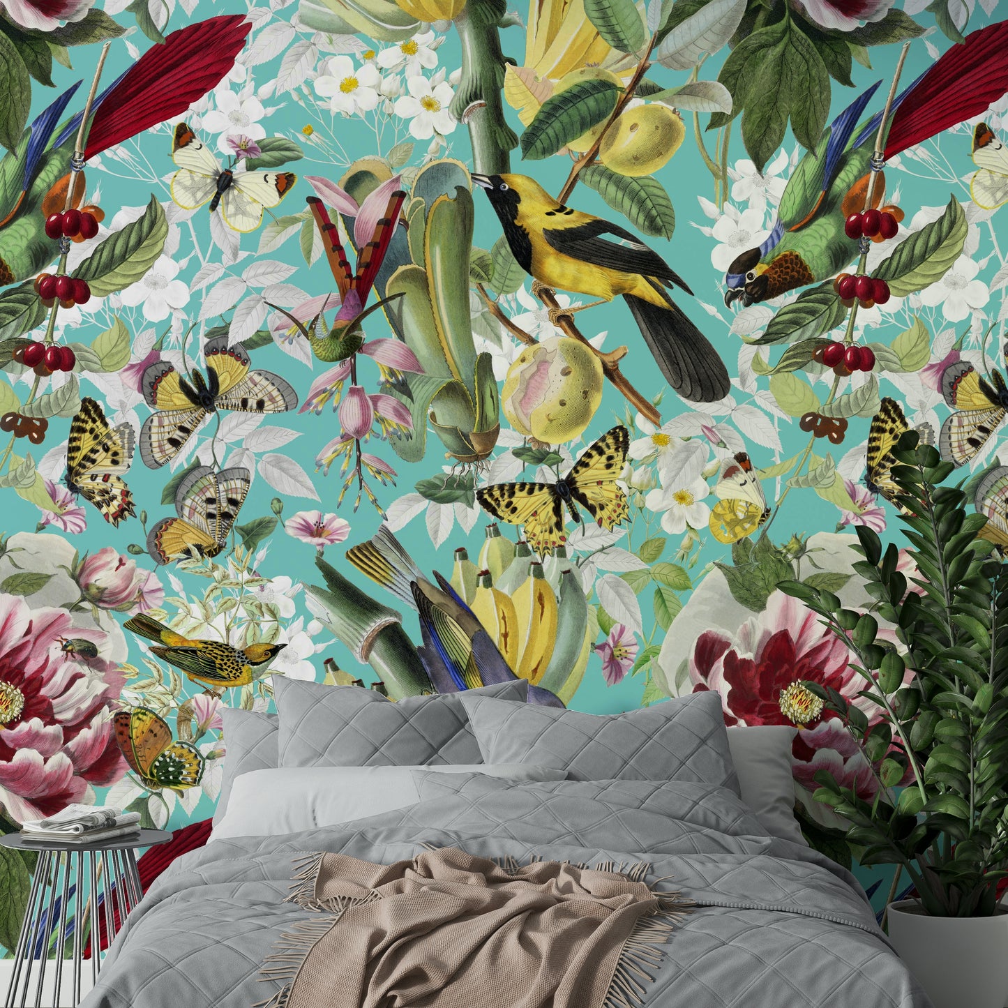 Botanical birds mural with pastel butterflies

