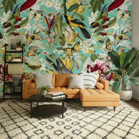 Botanical mural with butterflies and parrots

