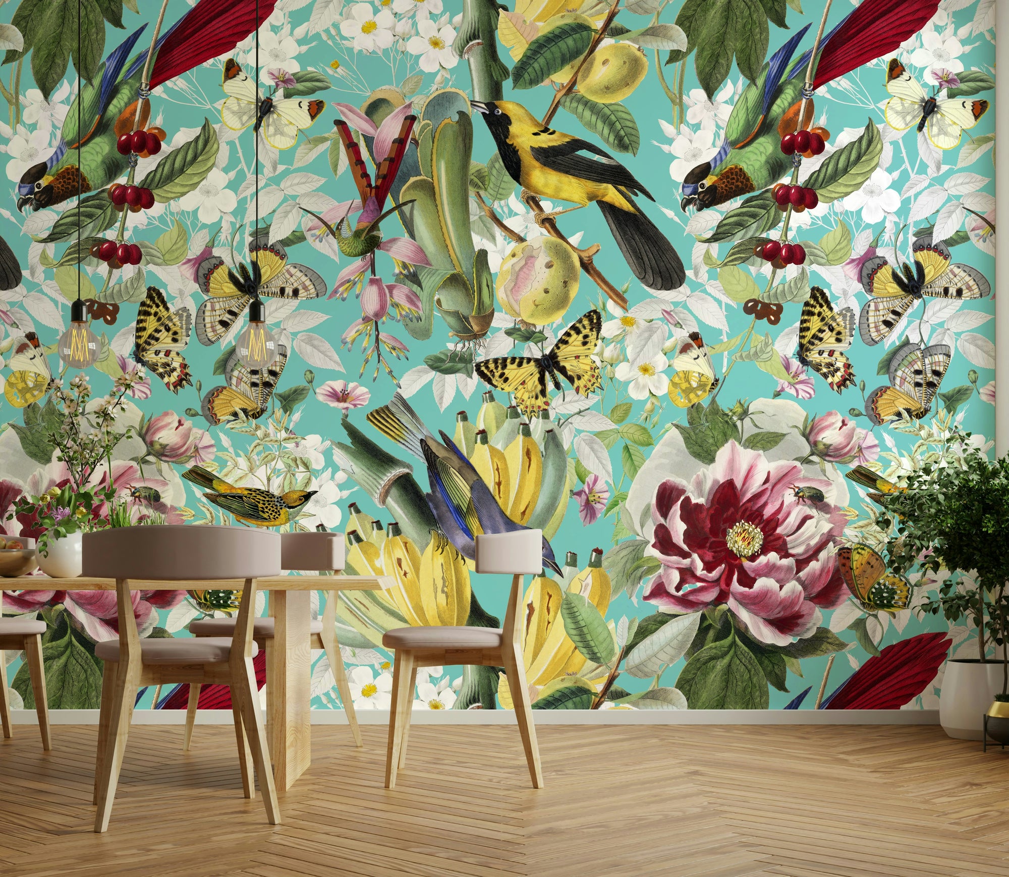 Tropical jungle wallpaper with butterflies

