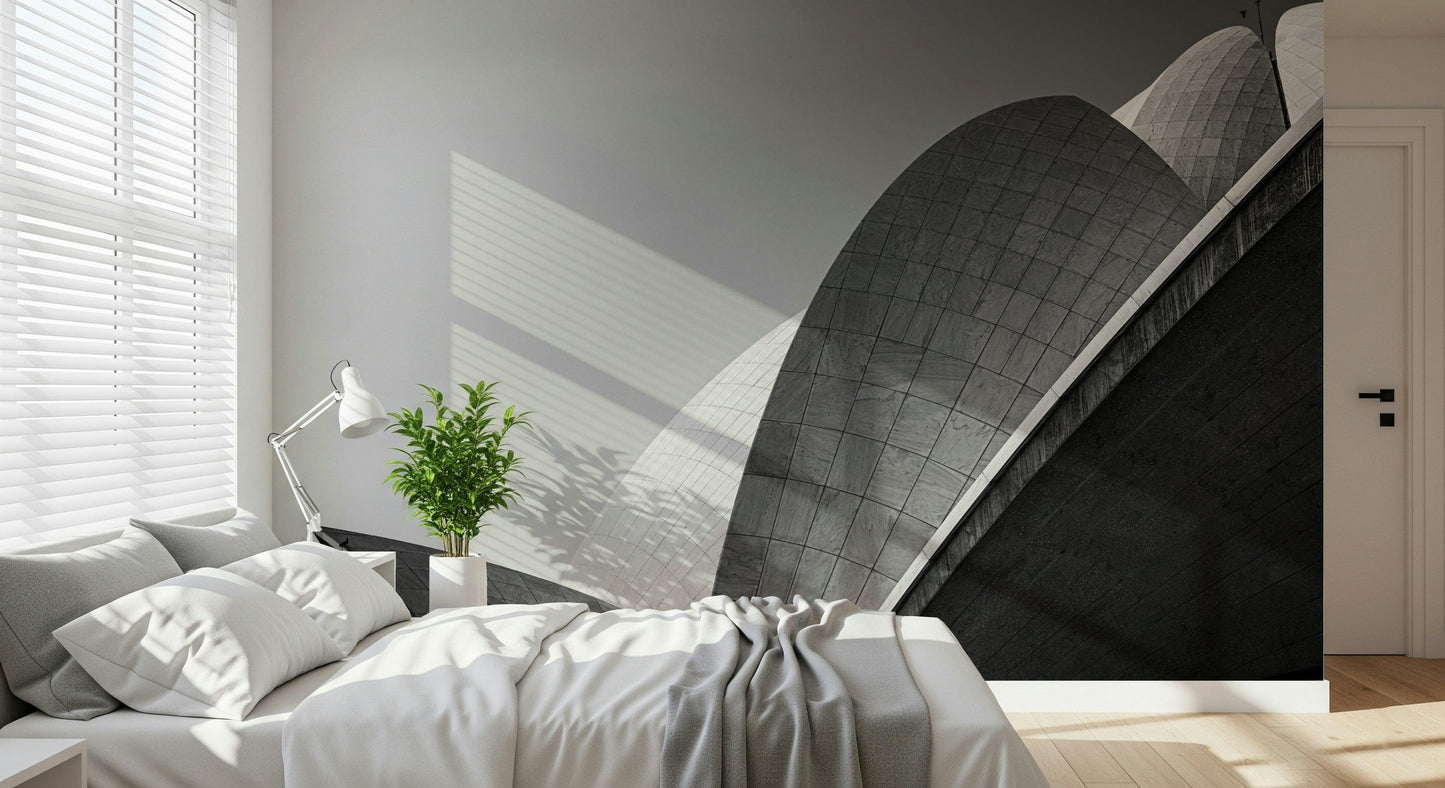 Modern wallpaper combining organic floral shapes with structured geometric lines.