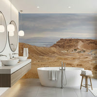 Panoramic view of dry terrain, Masada-like fort, Arid Majesty Desert Landscape Design.
