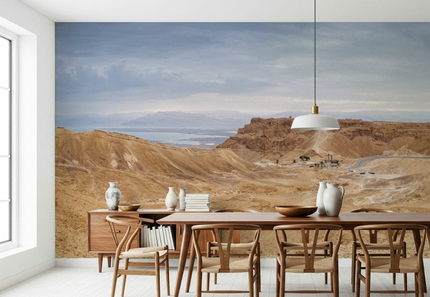 Vast wilderness scenery, distant sea water, Arid Majesty Desert Landscape Design art.