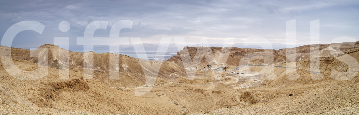 Unpopulated desert valley, towering stone faces, Arid Majesty Desert Landscape Design.