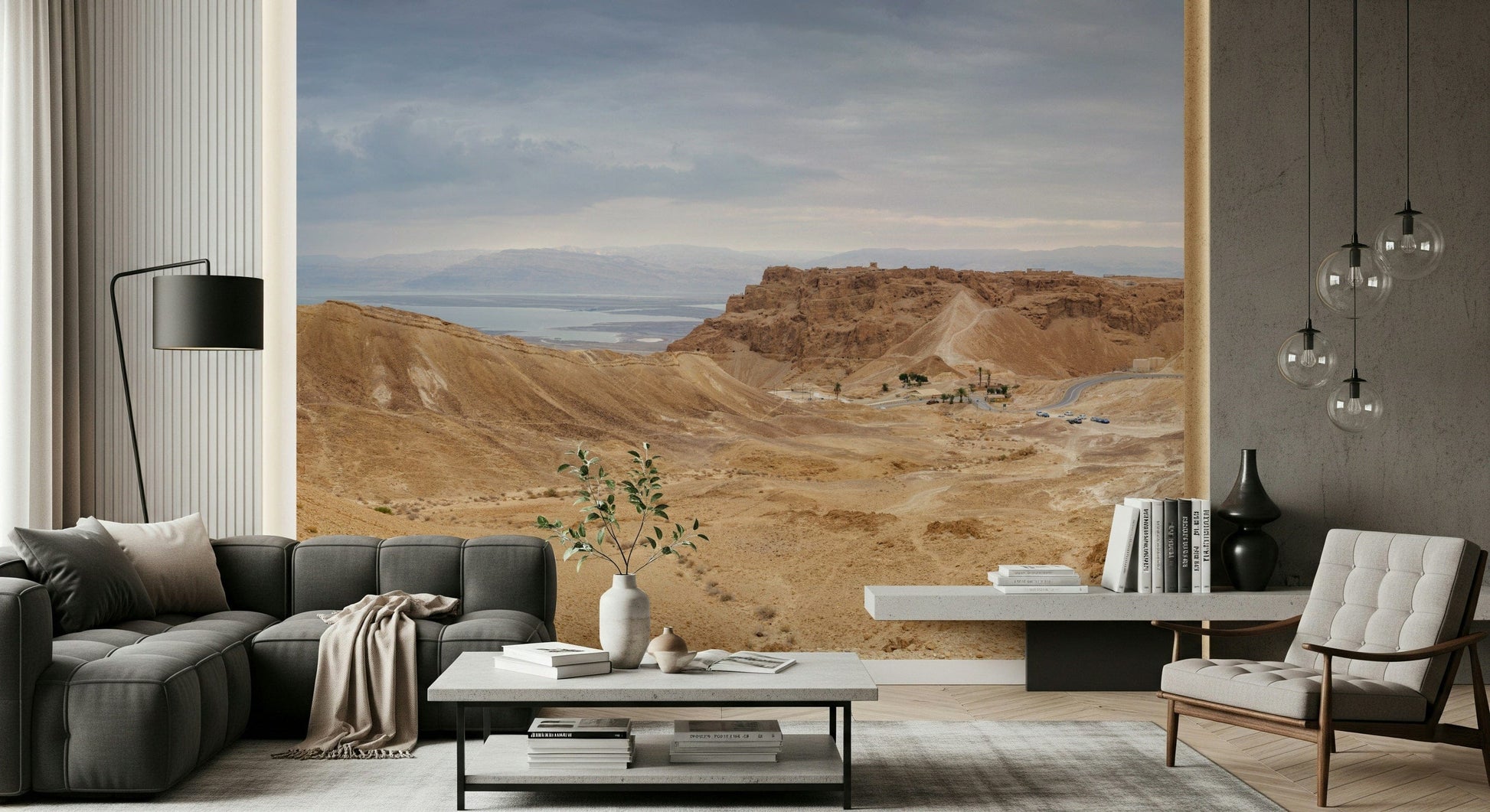 Historical desert site, winding road, Arid Majesty Desert Landscape Design wall covering.