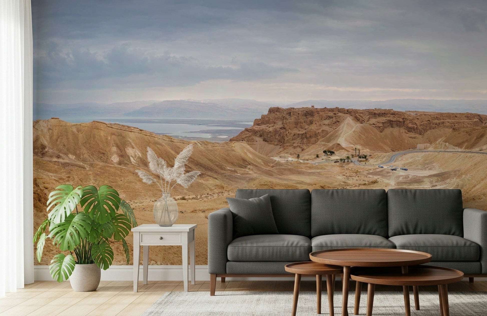 Monumental rock formations, pale stone, Arid Majesty Desert Landscape Design mural theme.