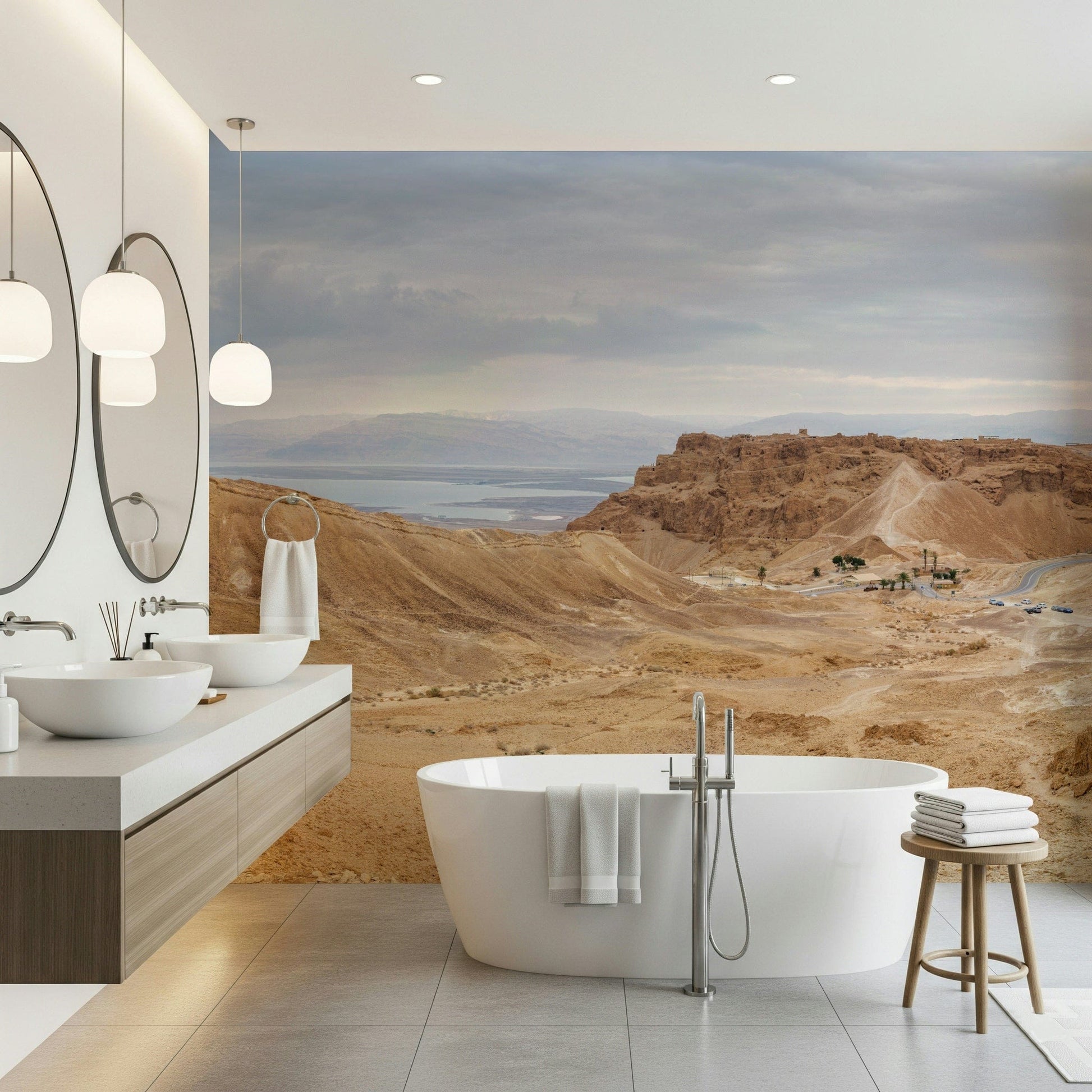 Panoramic view of dry terrain, Masada-like fort, Arid Majesty Desert Landscape Design.