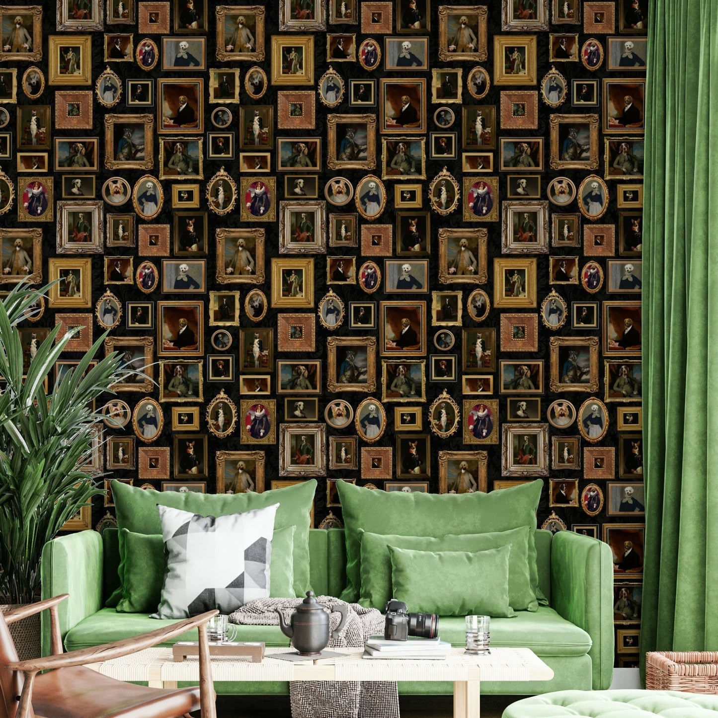 Elegant design with dogs wearing classic, old-fashioned attire.

