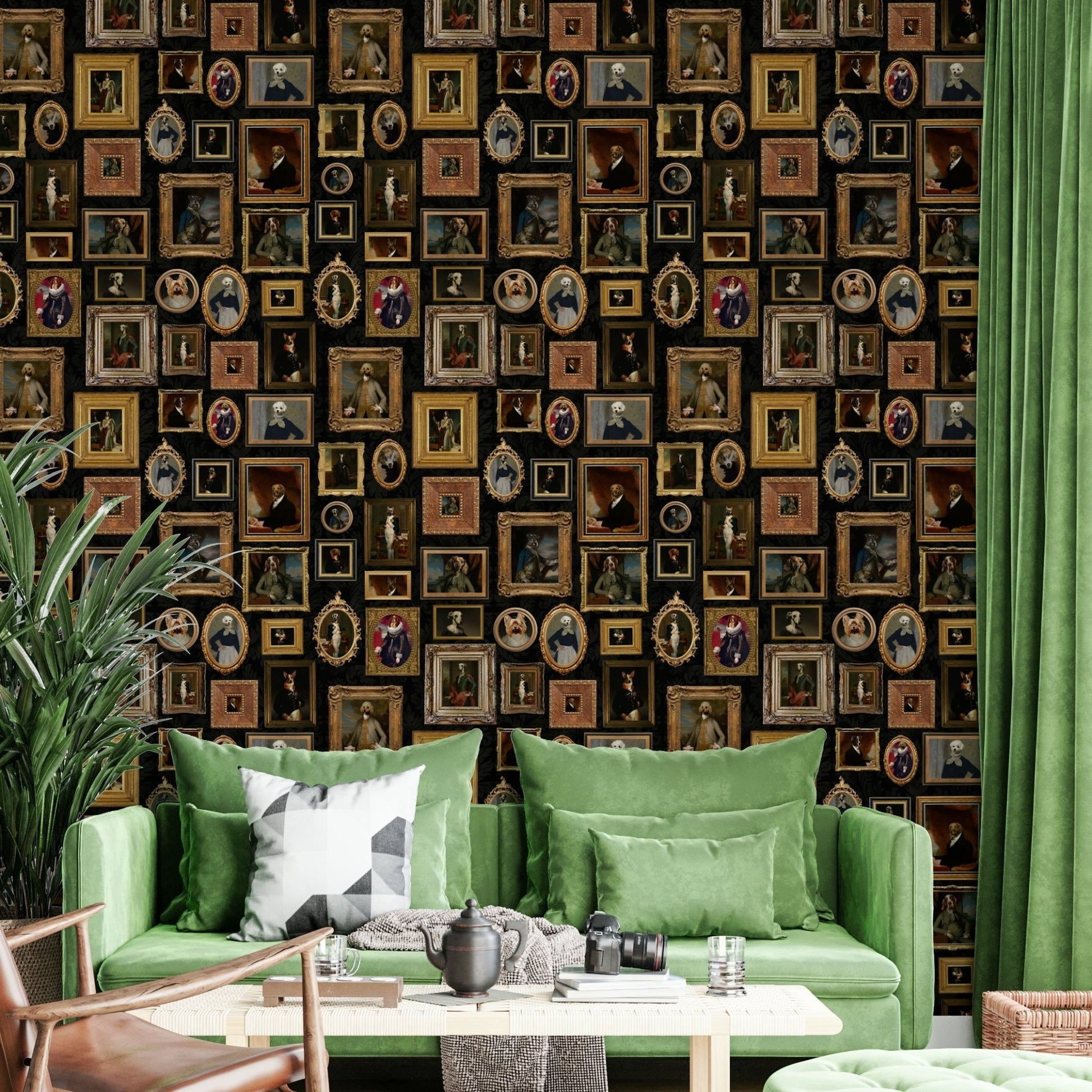 Elegant design with dogs wearing classic, old-fashioned attire.

