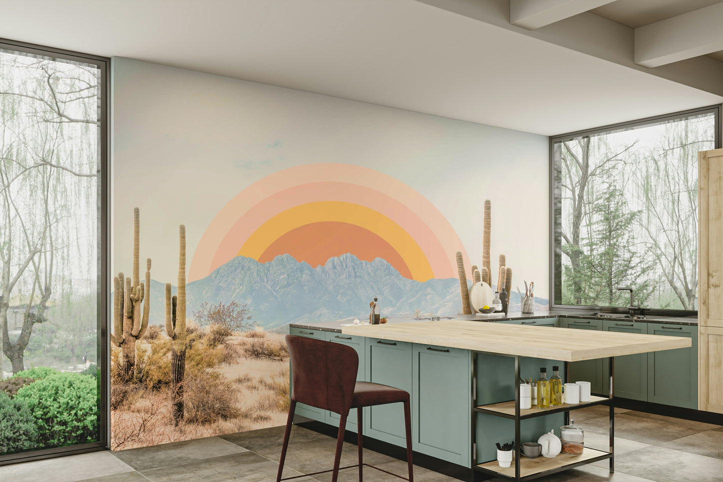 Cactus silhouette mural with Arizona sunrise

