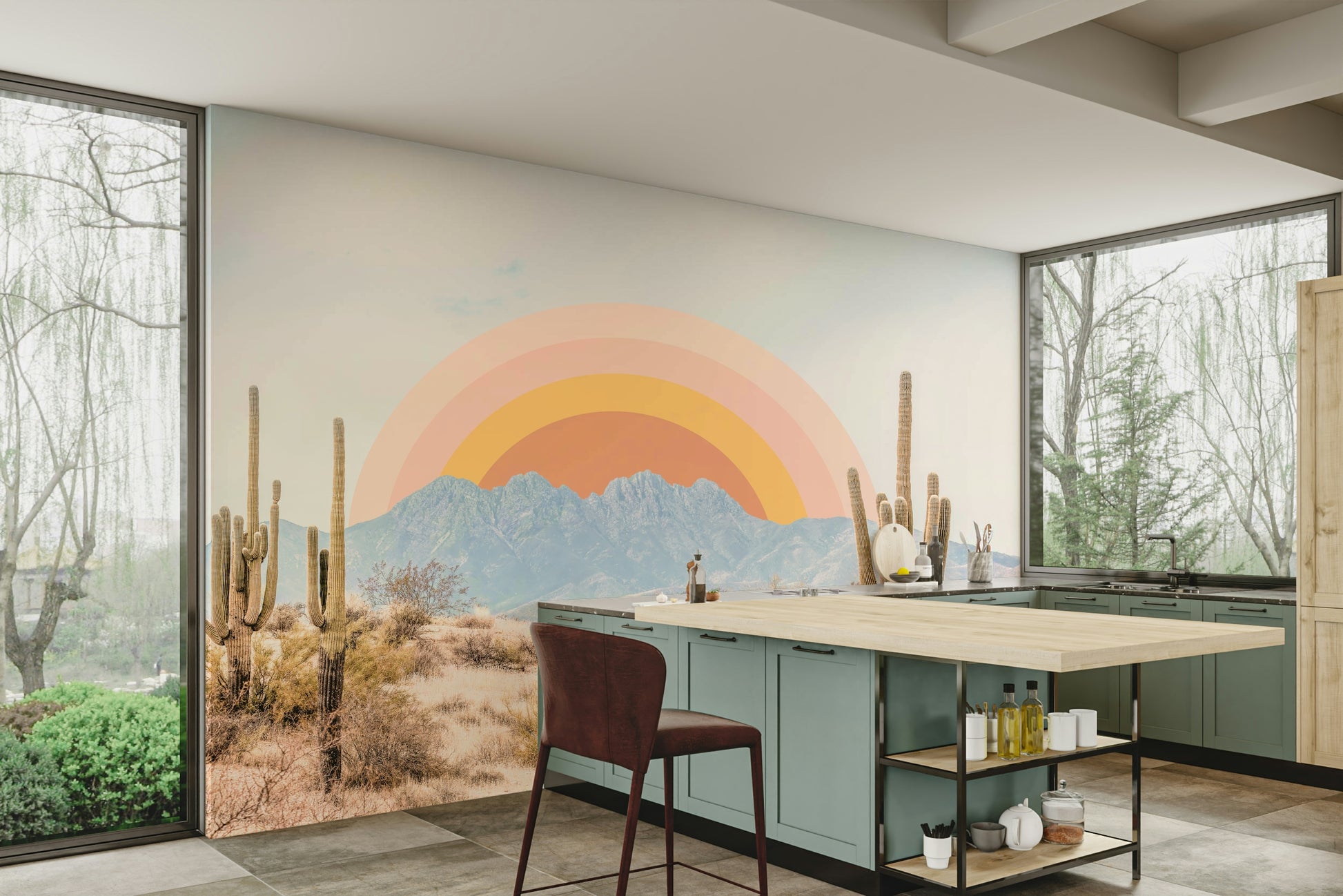 Cactus silhouette mural with Arizona sunrise

