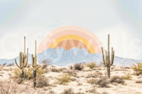 Arizona Sunrise wall mural showing saguaro cacti and distant mountains under a glowing orange sun in the desert