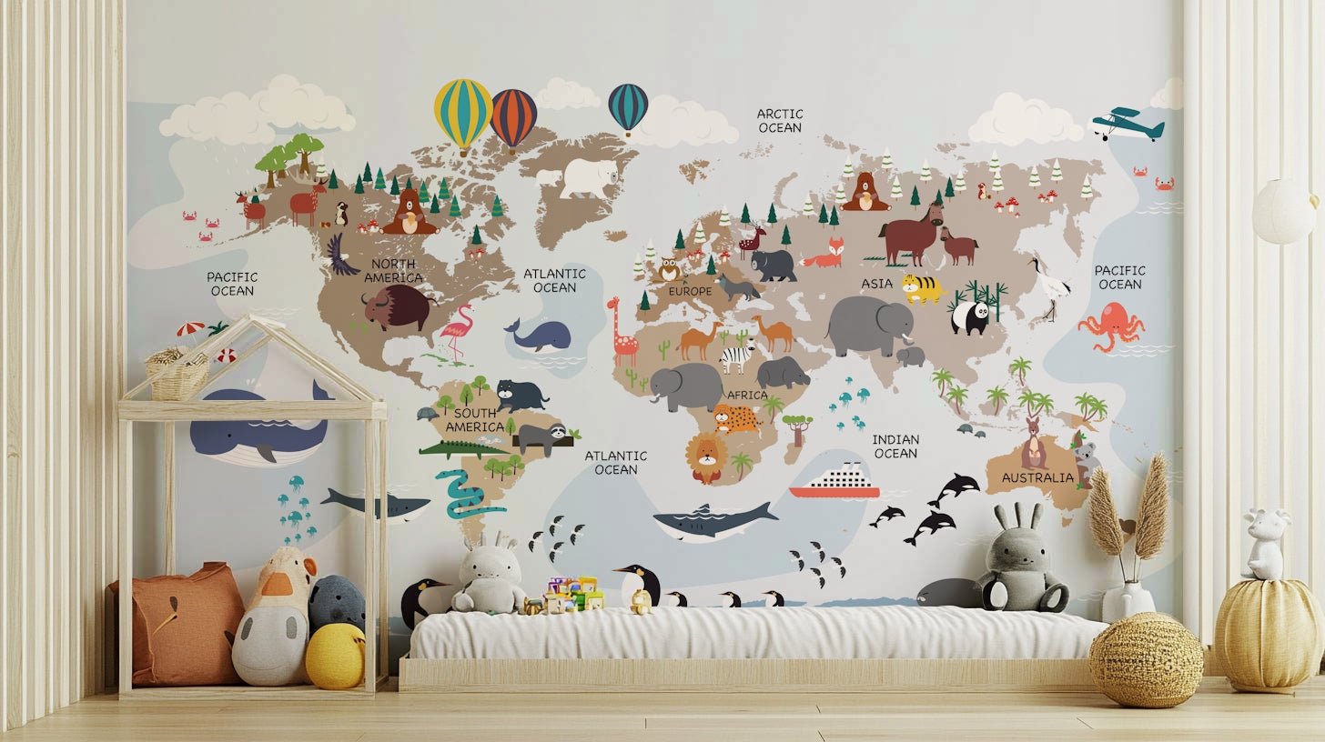 Animal world map wall mural

