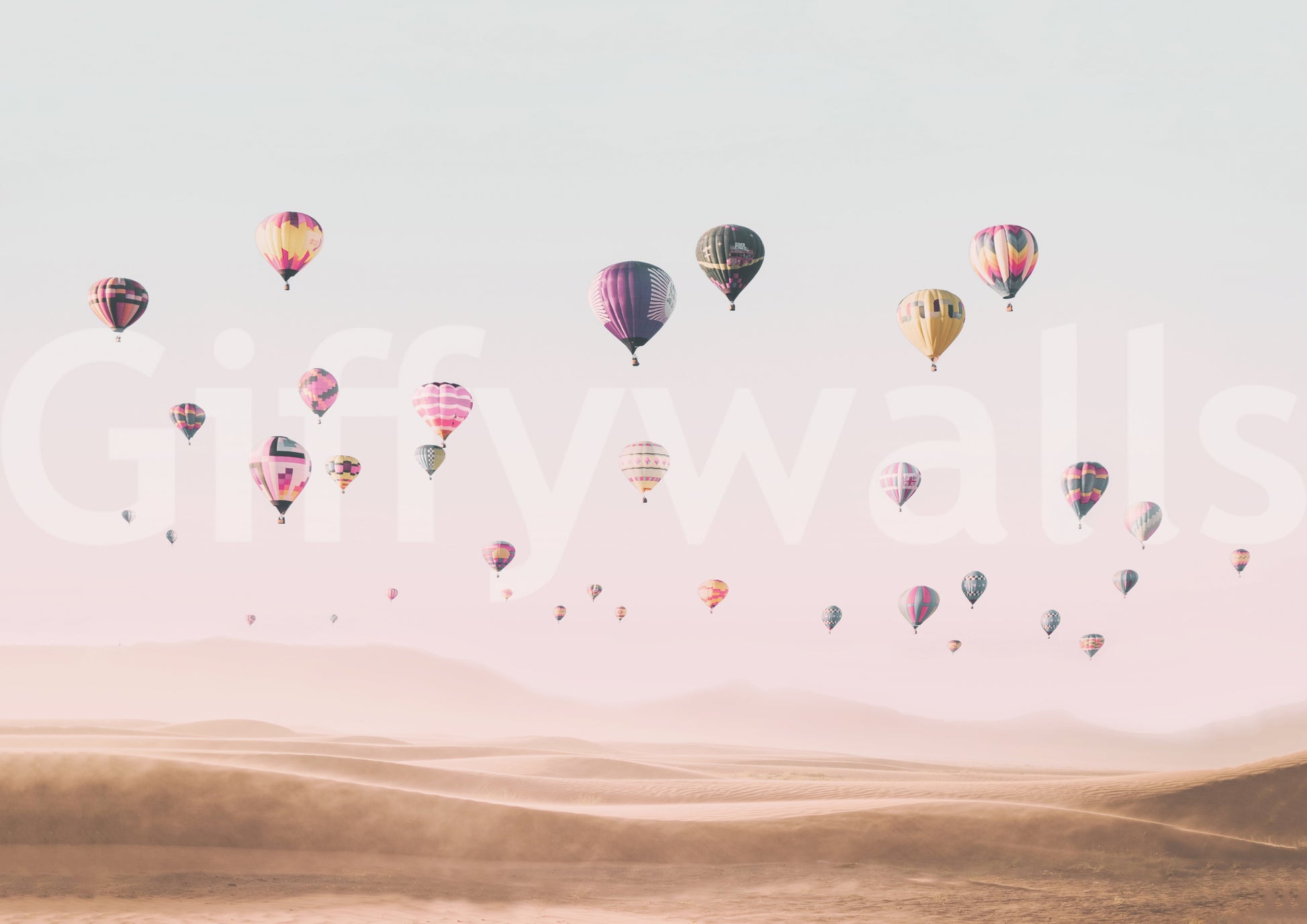 Around the World wall mural shown as a full-wall scene of colorful hot air balloons drifting over pink desert dunes