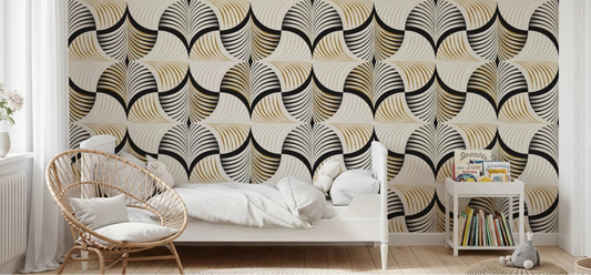 Art Deco Botanical Palm Fan Gold and Black Wallpaper⁠
