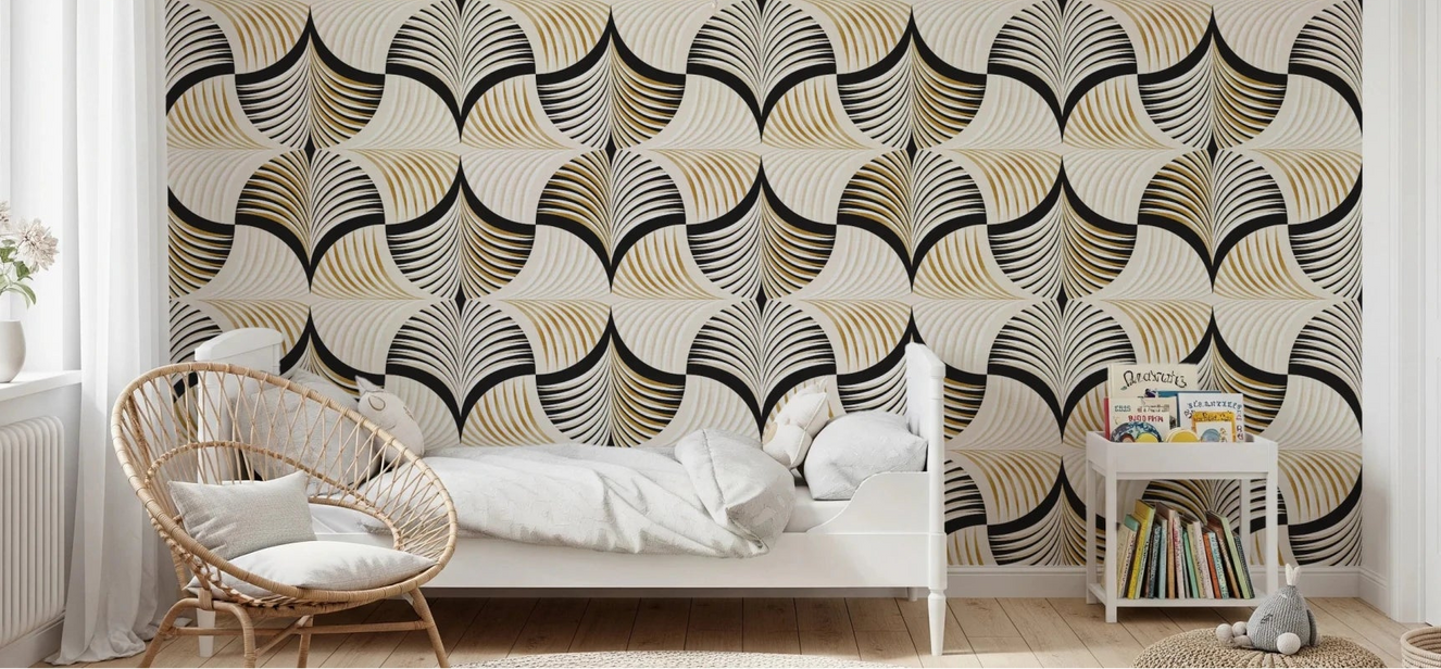 Art Deco Botanical Palm Fan Gold and Black Wallpaper⁠