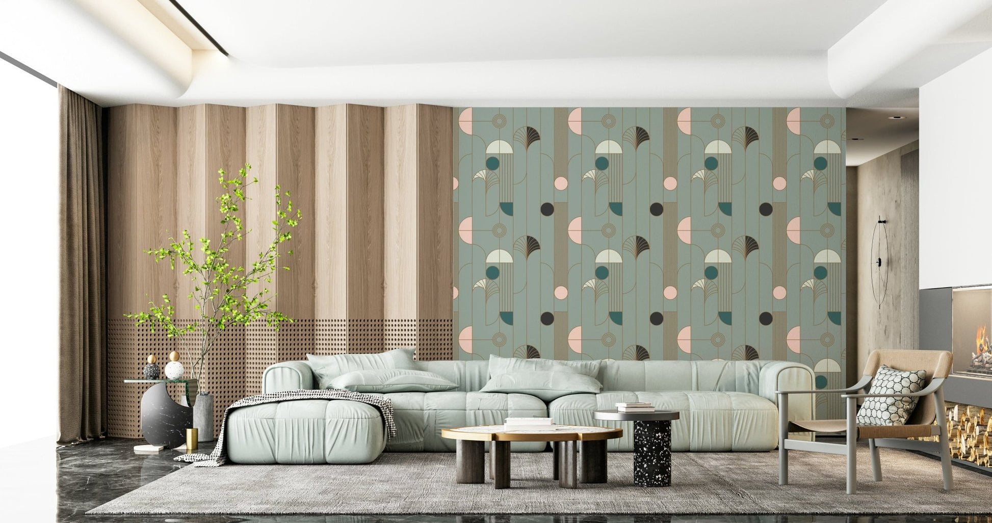 Art Deco Geometric Harmony wallpaper in green and gold deco pattern behind a mint sectional sofa and wood slat wall