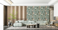 Art Deco Geometric Harmony wallpaper in green and gold deco pattern behind a mint sectional sofa and wood slat wall