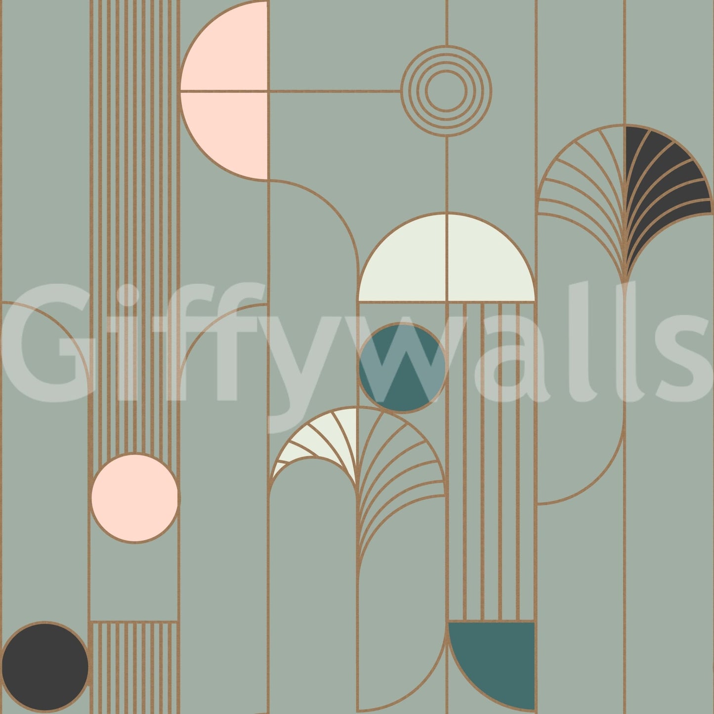 Art Deco Geometric Harmony wallpaper close-up showing the sage green, blush and gold fan and circle pattern detail