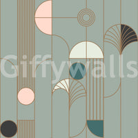 Art Deco Geometric Harmony wallpaper close-up showing the sage green, blush and gold fan and circle pattern detail