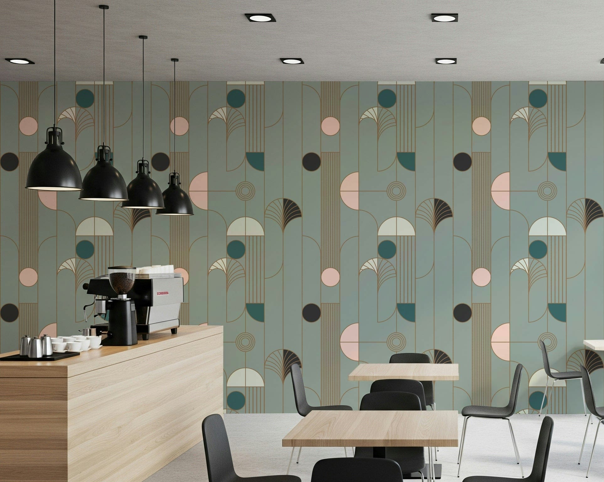 Art Deco Geometric Harmony wallpaper in sage green and gold deco pattern in a cafe with espresso bar and black pendants
