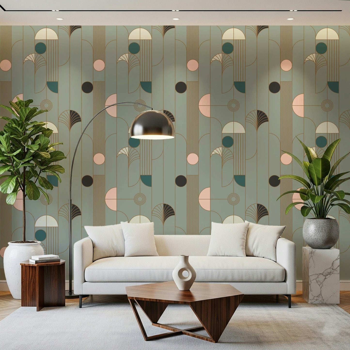 Art Deco Geometric Harmony wallpaper in sage and gold deco pattern behind a white sofa with walnut triangular table