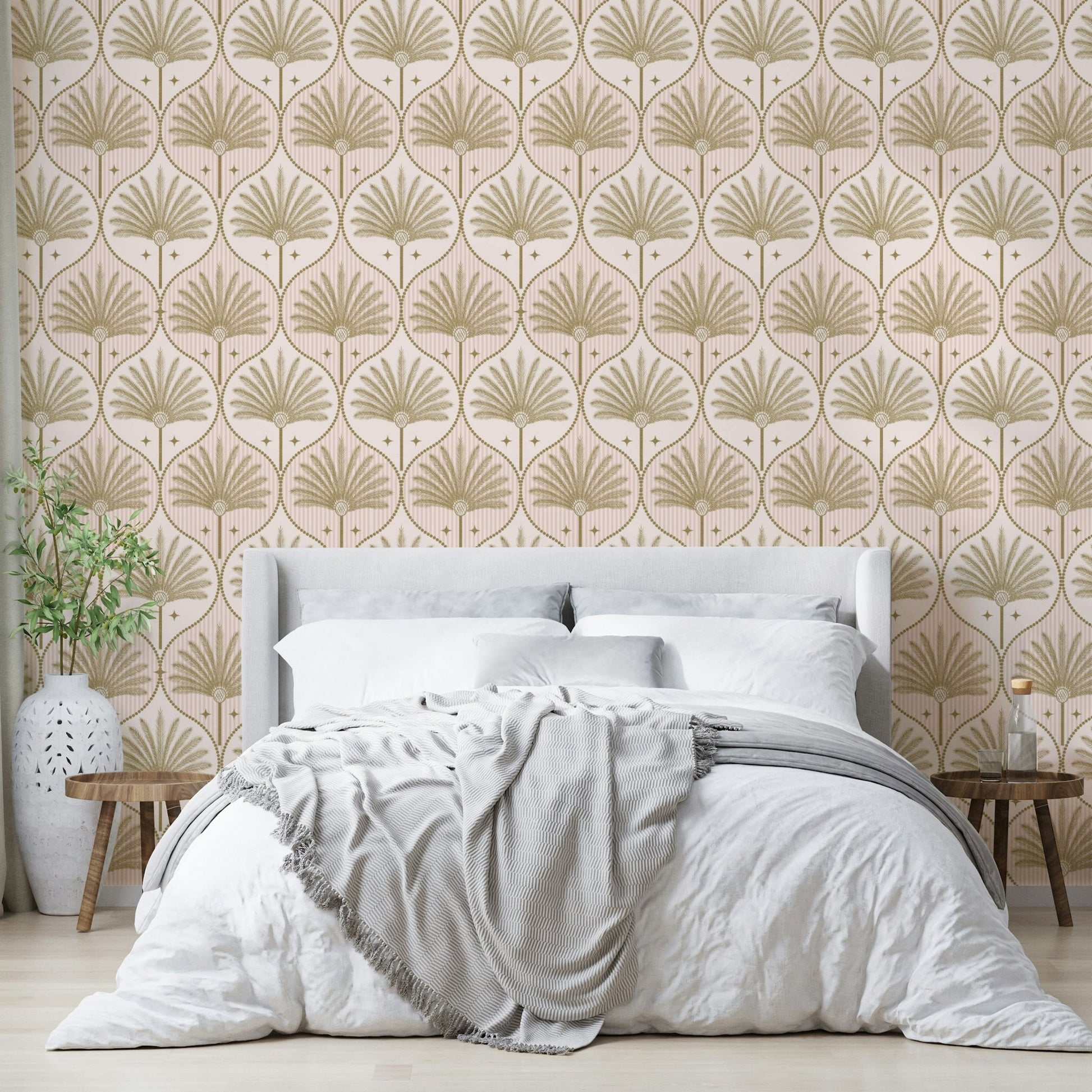 Tropical gold palm wallpaper with soft tones
