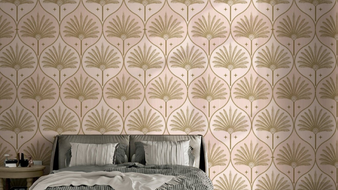 Tropical palm mural wallpaper with striped design
