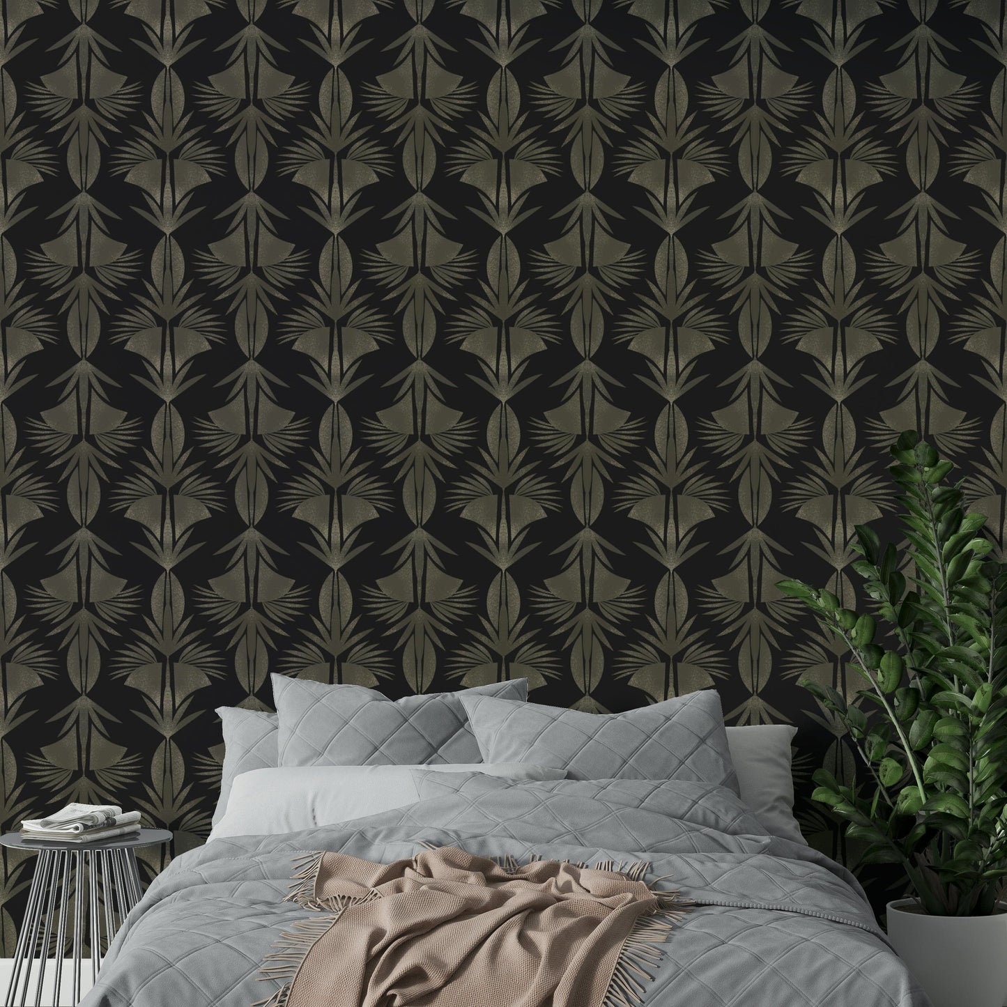 A calming foliage design wallpaper mural that defines a space.

