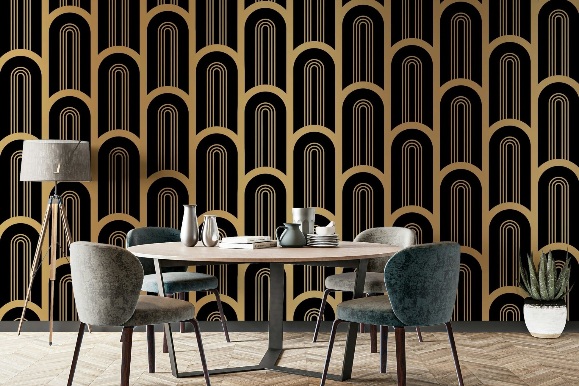 Black and gold vertical column mural for stylish interiors.

