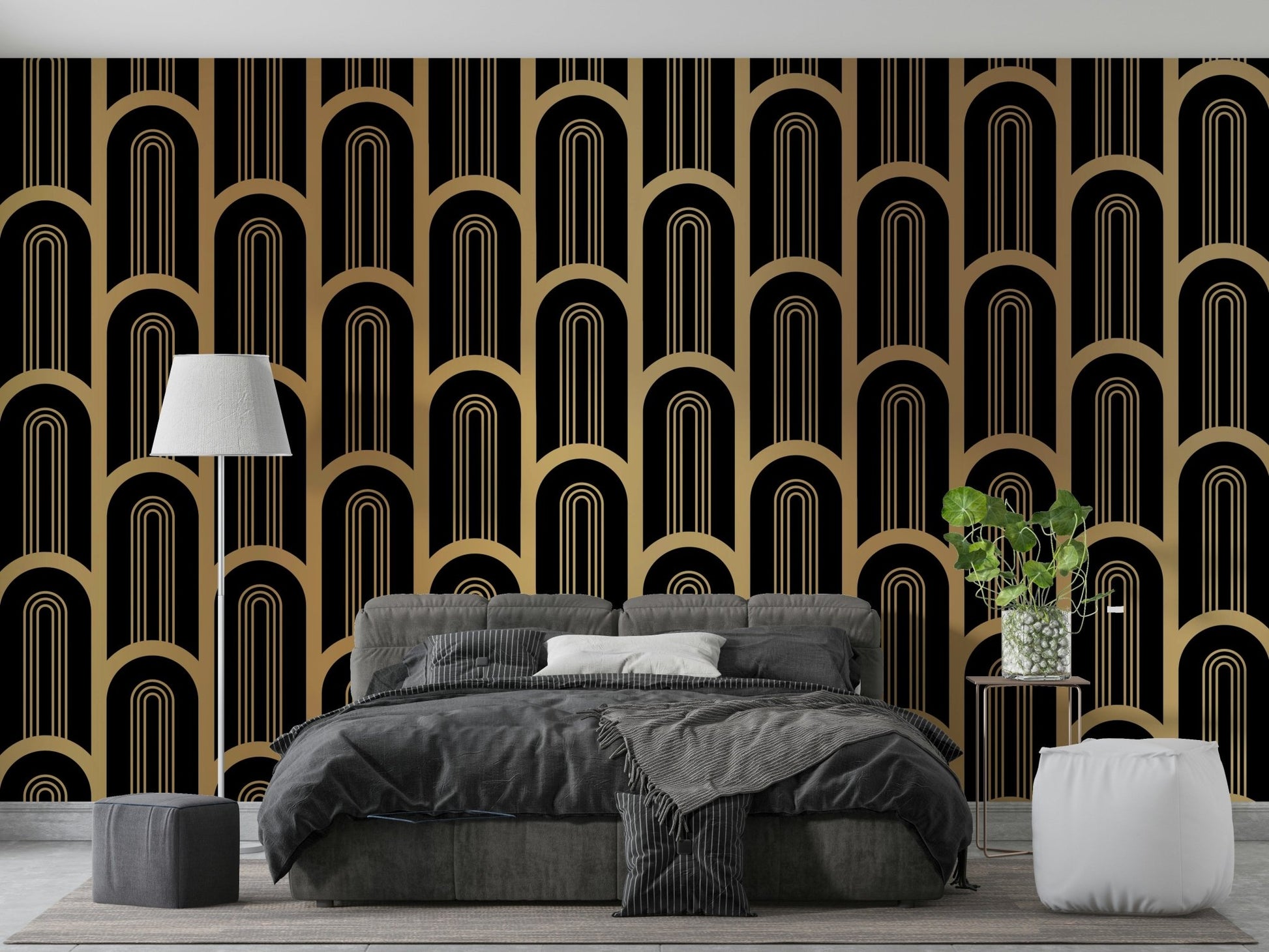Black background mural with gold curved column outlines.

