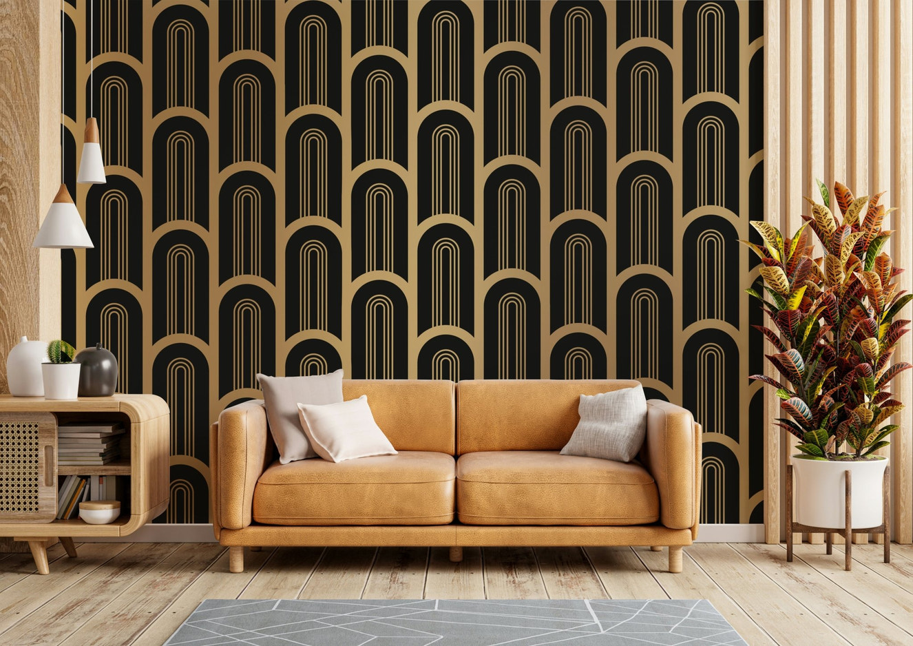Art Deco Wall Mural with black and gold repeating column pattern.

