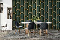Bold Art Deco mural with gold columns and geometric accents

